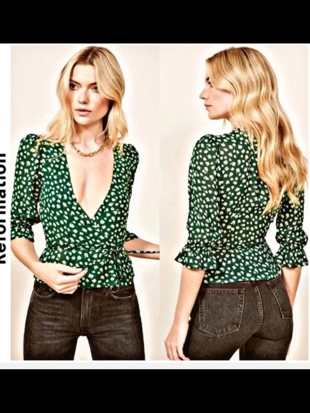 Reformation Green Floral Wrap Blouse